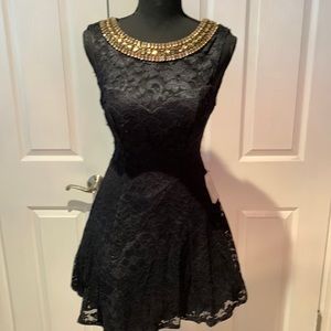 B Darlin Black Lace Prom Dress with Gold Accents